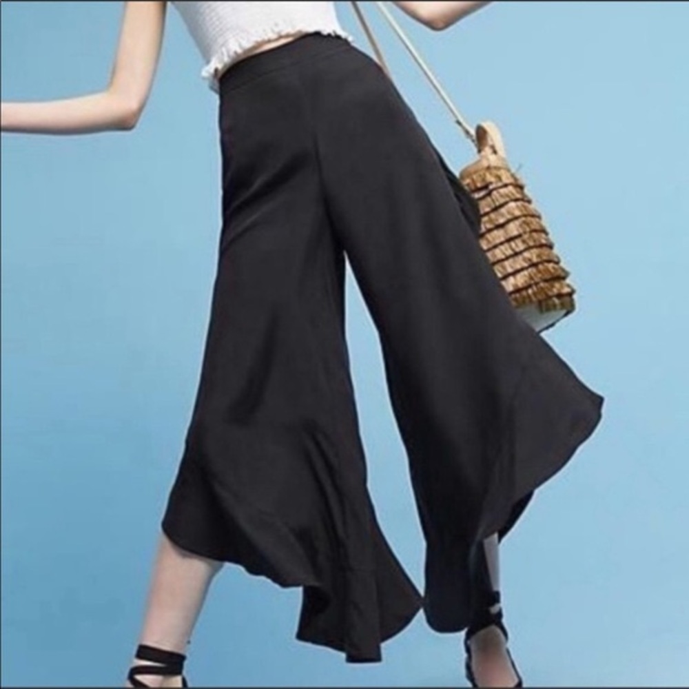 Anthropologie black silky fluid wide leg pants